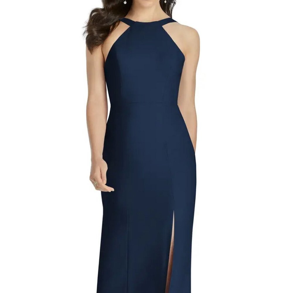 Vivian Diamond Dessy 3039 Midnight Blue Cutaway Shoulder Column Gown
